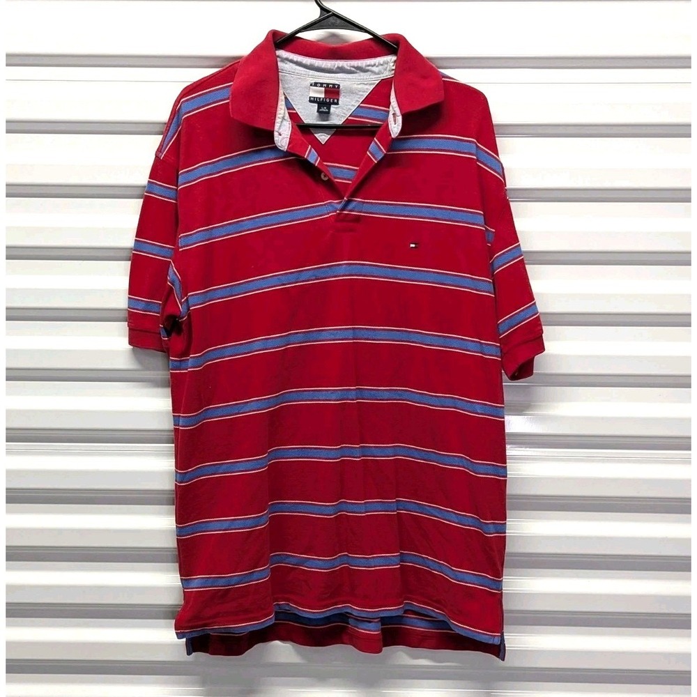 Coastal Golf Tommy Hilfiger Polo Shirt Large Preppy Old Money Striped Red Blue